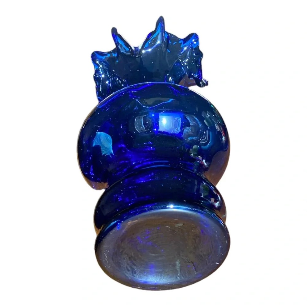 Vintage Mid Century Cobalt Blue Ruffled Glass Vase